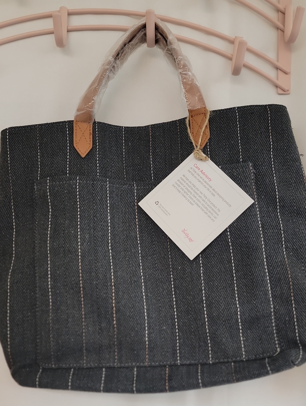 thirty-one Black Pinstripe Messenger Tote with Tan Handles